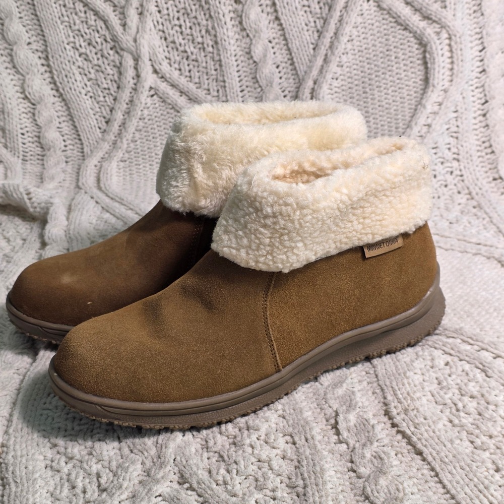 Minnetonka Ankle Boots Brown Suede Faux Fur Trim Lining Women 10 NEW